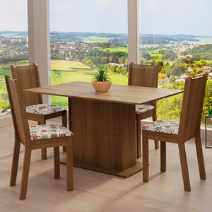 Conjunto Sala de Jantar Madesa Luana Mesa Tampo de Madeira com 4 Cadeiras - Rustic/floral Hibiscos