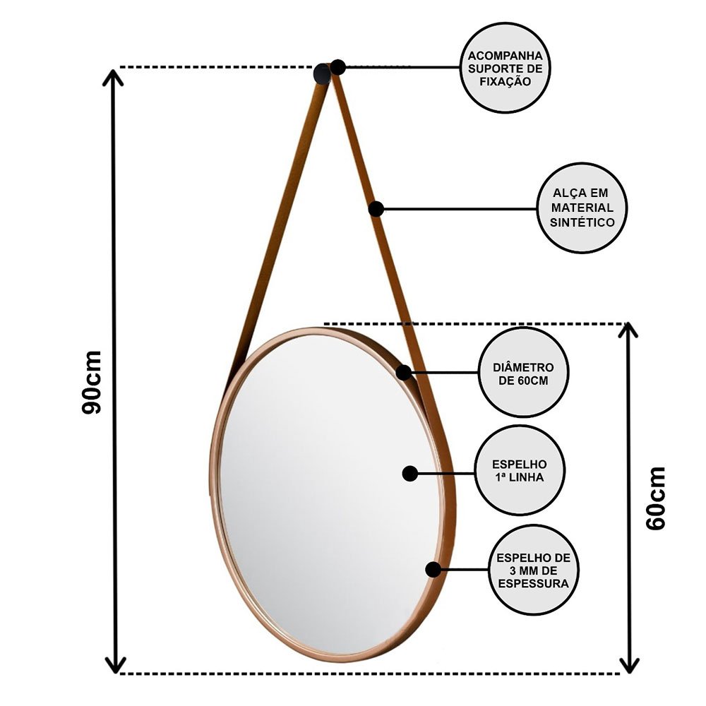 Espelho Redondo 60cm Diametro Caramelo - 5