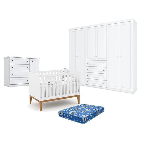 Quarto de Bebê Americano 6 Portas Com berço Americano Unique Branco Soft Eco Wood - Matic - Henn e C