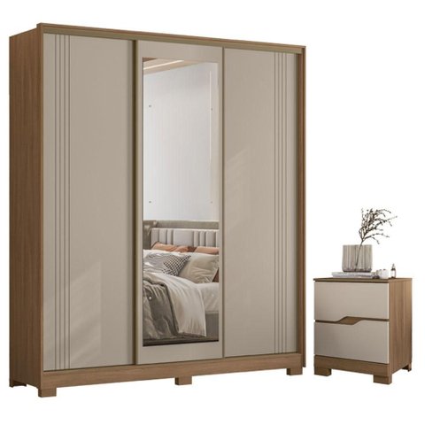 Guarda Roupa Casal 3 Portas Dallas com Espelho Carvalho Fendi com Mesa de Cabeceira Ares Carvalho
