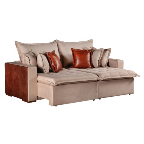 Sofa Cama Retratil Verona 220cm Kc Rei de Casa Linho Bege/Marrom