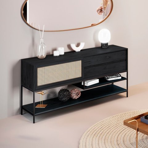 Buffet Aparador para Sala de Jantar com Tela Agnes 2 Gavetas em Madeira Maciça Ébano Metal Pre