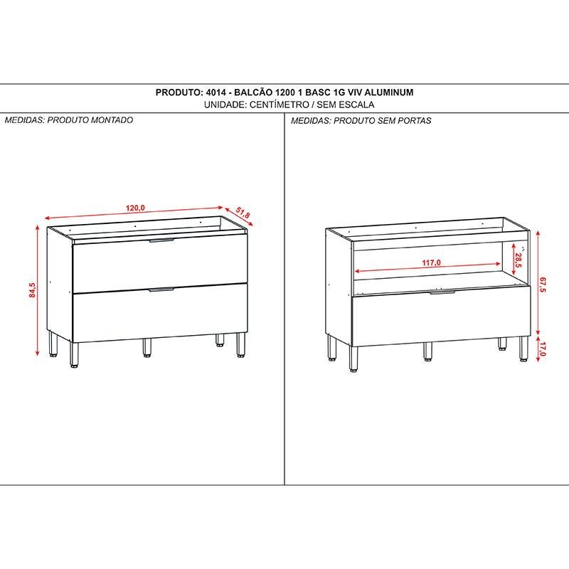 Balcão de Pia Viv Aluminum 120 Cm 1 Porta Basculante e 1 Gaveta Freijó Vanilla - Kits Paraná - 3