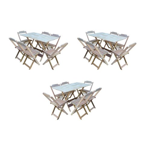 Kit 3 Conjuntos De Mesa Dobravel Com 6 Cadeiras De Madeira 120X70 Para Restaurante E Bar- Sem Pintur