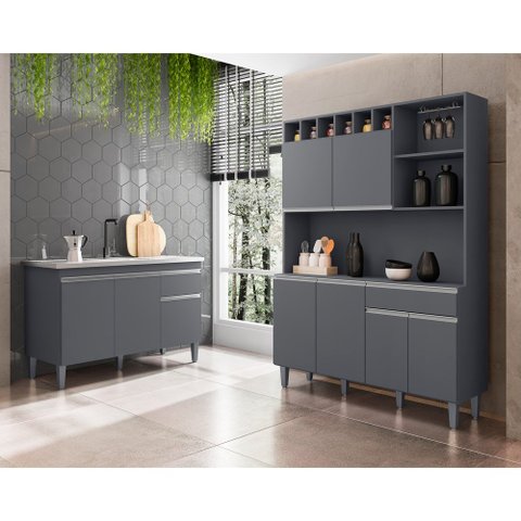 Balcão Gabinete Analu 3 Portas + Kit Elisa 130cm Compacta c/ Nichos Cinza - Bela Móveis