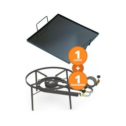 Kit Camping 6 - Fogareiro Fogão F2b10 Redondo 40cm Duplo de Mesa + Chapa Bifeteira 32cm - Progás - 2