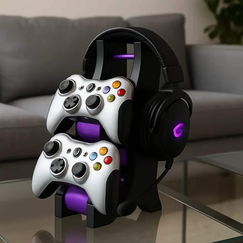 Ver imagem 1 de Suporte para Dois Controles e Headset com Design Compacto Ideal para Mesa Gamer ou Escritório - Pret