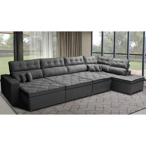 Sofá de Canto 4.80x2.36m Retrátil e Reclinável com Molas Cama inBox Platinum Direito Suede Cinza