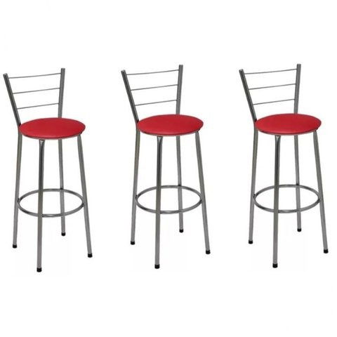 Kit 3 Banquetas Altas Cromada com Encosto Assento Vermelho