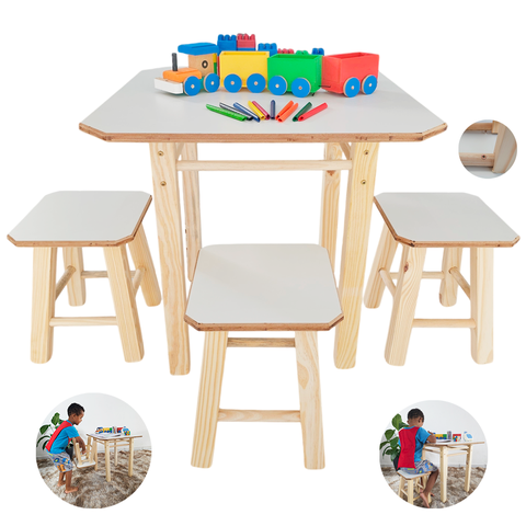 Mesa Mesinha com 3 Bancos Banquinhos Infantil de Madeira Maciça Resistente Didática para Criança