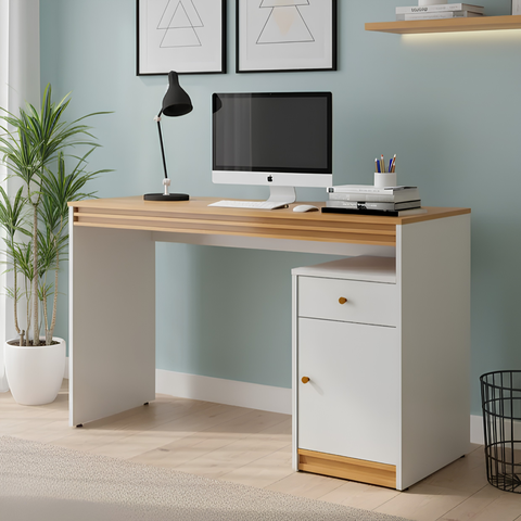 Mesa de Estudo Sevilha com Gaveta 120 cm Off White/Naturalle - Mavaular