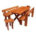 Ver imagem 1 de Conjunto Mesa Rústica 2m 2 Bancos e 2 Cadeiras Madeira Maciça Angelim:Natural