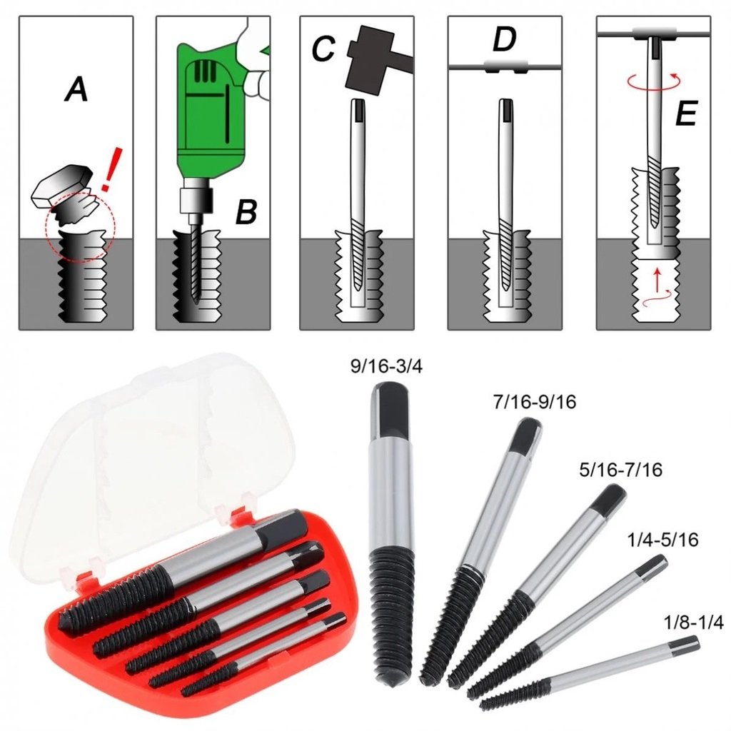 Extrator de Parafuso Quebrado Espanado 3 a 18mm Kit 5 Peças - 5