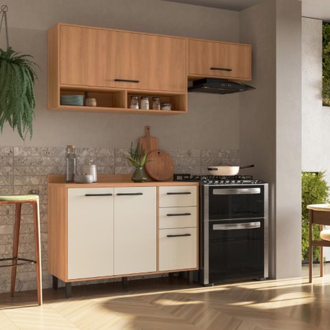 Cozinha Completa Modulada 3 Peças 220x190 cm Cor Amadeirado Off White Casamia