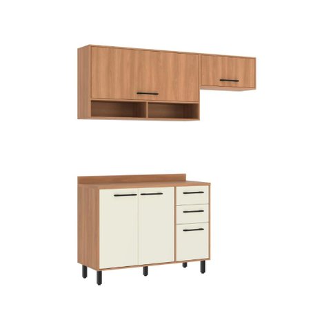 Cozinha Completa Modulada 3 Peças 220x190 cm Cor Amadeirado Off White Casamia