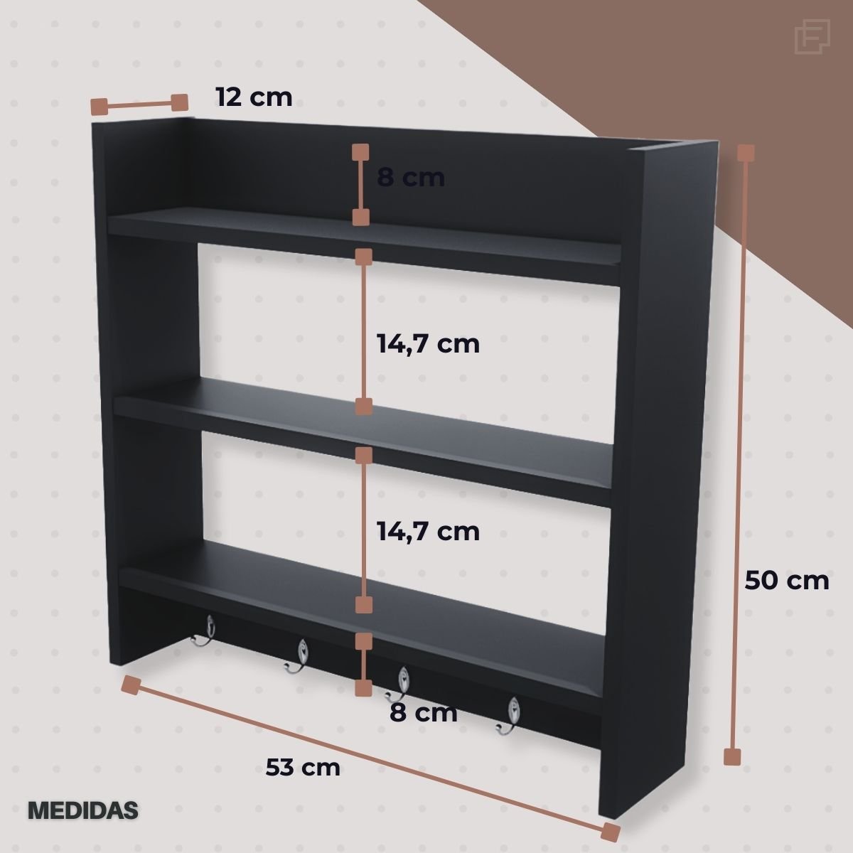 Porta Tempero de Parede para Condimentos Cor Prerto com 3 Prateleiras e Suporte para Talheres - 5