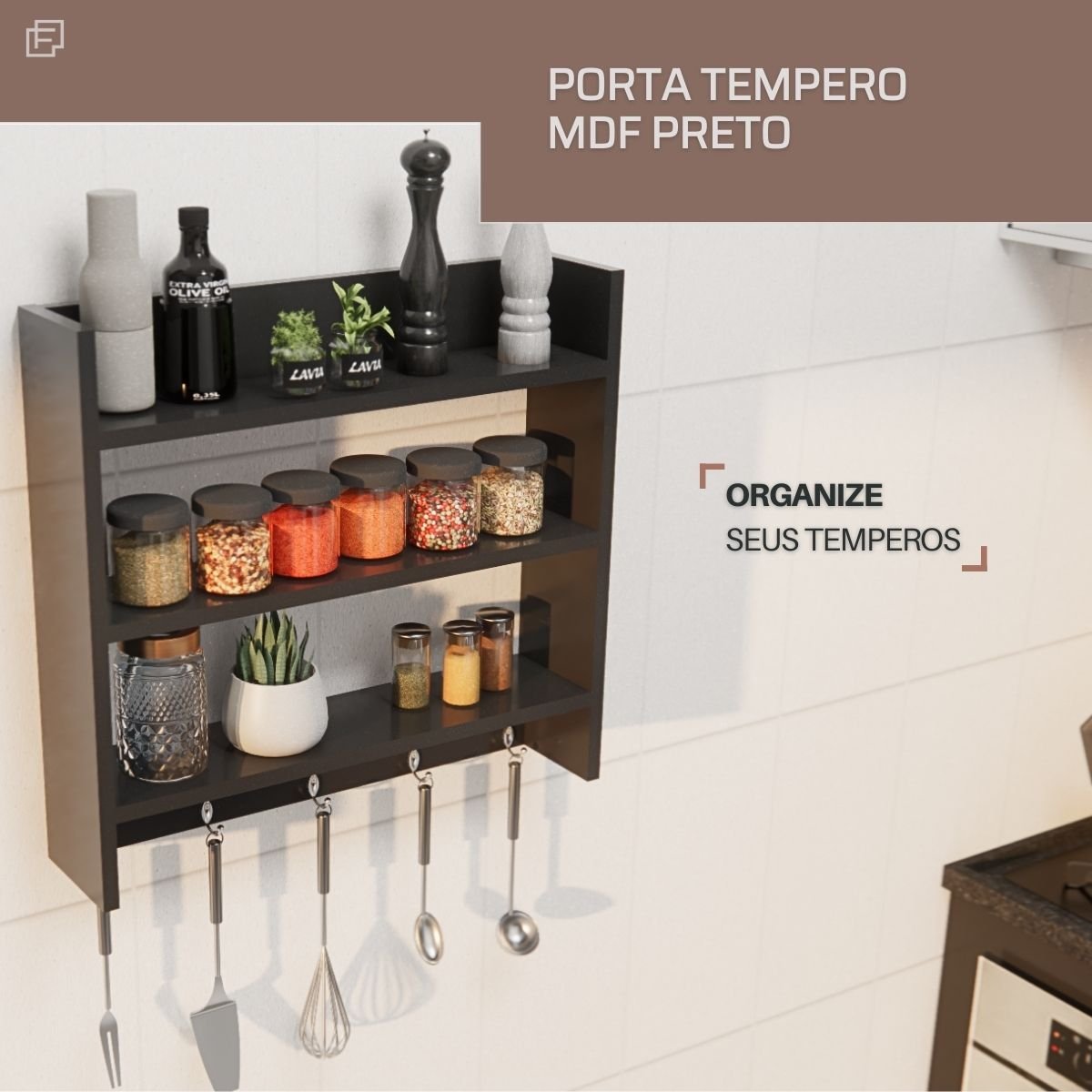 Porta Tempero de Parede para Condimentos Cor Prerto com 3 Prateleiras e Suporte para Talheres - 2