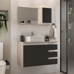 Conjunto Gabinete Banheiro Completo Prisma 80cm Madeirado / Preto com Tampo de Vidro