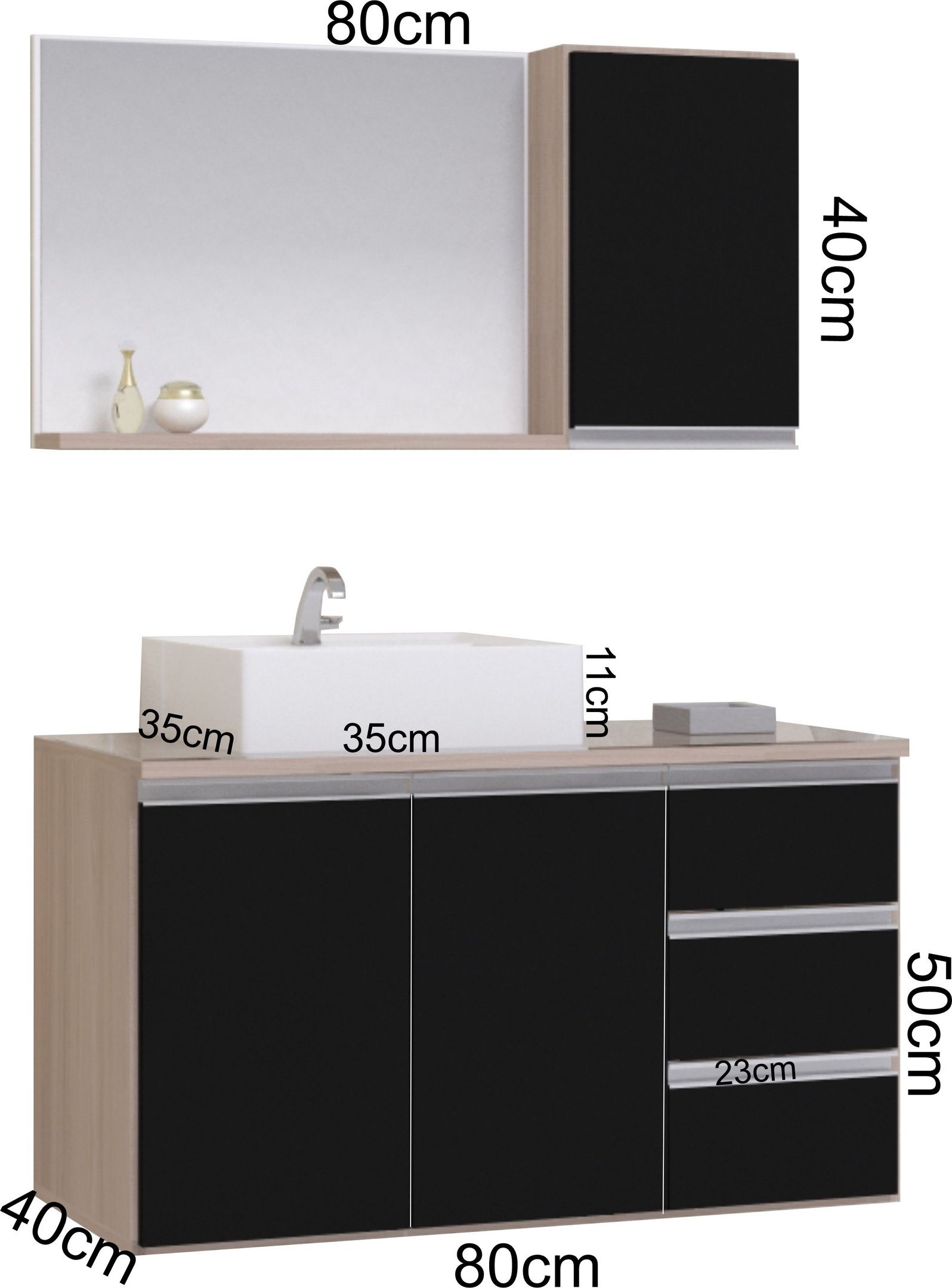Conjunto Gabinete Banheiro Completo Prisma 80cm Madeirado / Preto COM TAMPO DE VIDRO - 3