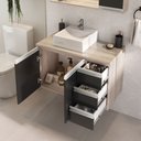 Ver imagem 3 de Conjunto Gabinete Banheiro Completo Prisma 80cm Madeirado / Preto com Tampo de Vidro