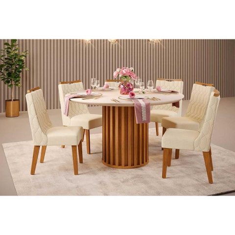 Sala de Jantar Completa Viena C/ Tampo Madeirado C/ Vidro 136x136cm e 6 Cadeiras Bia Cedro/off White