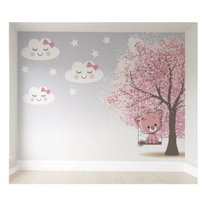 Papel de Parede Gatinha Árvore Rosa Infantil para Quarto de Bebê M² Pp58
