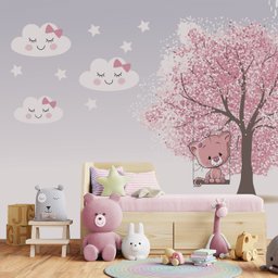 Papel de Parede Gatinha Árvore Rosa Infantil para Quarto de Bebê M² Pp58 - 3