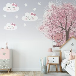 Papel de Parede Gatinha Árvore Rosa Infantil para Quarto de Bebê M² Pp58 - 2