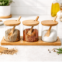 Ver imagem 2 de Porta Temperos Vidro com Suporte e Colher – Kit 3 Potes 400ml com Tampa de Bambu
