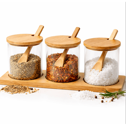 Porta Temperos Vidro com Suporte e Colher – Kit 3 Potes 400ml com Tampa de Bambu