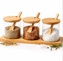 Ver imagem 1 de Porta Temperos Vidro com Suporte e Colher – Kit 3 Potes 400ml com Tampa de Bambu