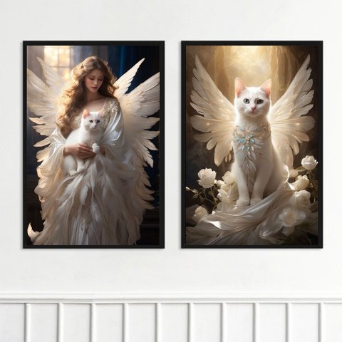 Kit 2 Quadros Gato Anjo 33x24cm:moldura Preta