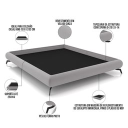 Cama Casal King Base Box Pés de Ferro Estilo Industrial 210cm Otto P05 Veludo Cinza - Lyam Decor - 4