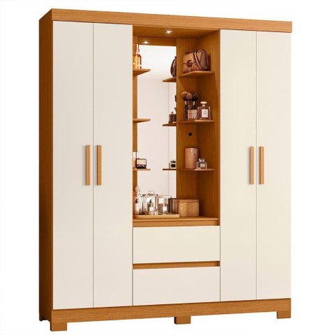 Guarda Roupa Casal Olimpia 4 Portas Bater 2 Gavetas Cinamomo-Off White MDP