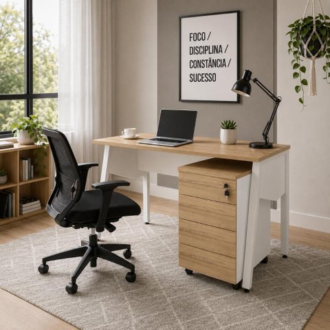 Mesa Escrivaninha 120cm x 60cm Tampo Chanfrado e Gaveteiro Móvel com 4 Gavetas F5 Office Cor:Macad