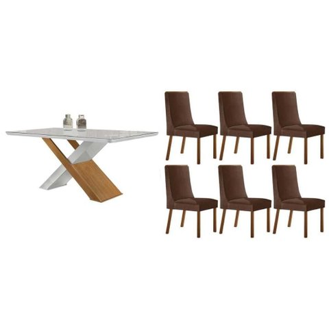 Conjunto: Mesa Sala Jantar Imperatriz Tampo c/ Vidro Curvo 180cm+6 Cadeiras Dakota Madeira Naturale/