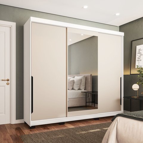Guarda-Roupa Casal 3 Portas Correr com Espelho Madrid Bege/Creme/Branco