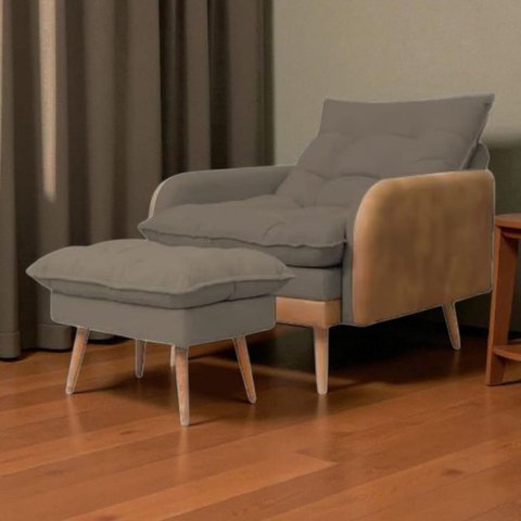 Poltrona de Amamentação Reclinável 5 Posições com Puff Linho Capuccino com Corino Nozes