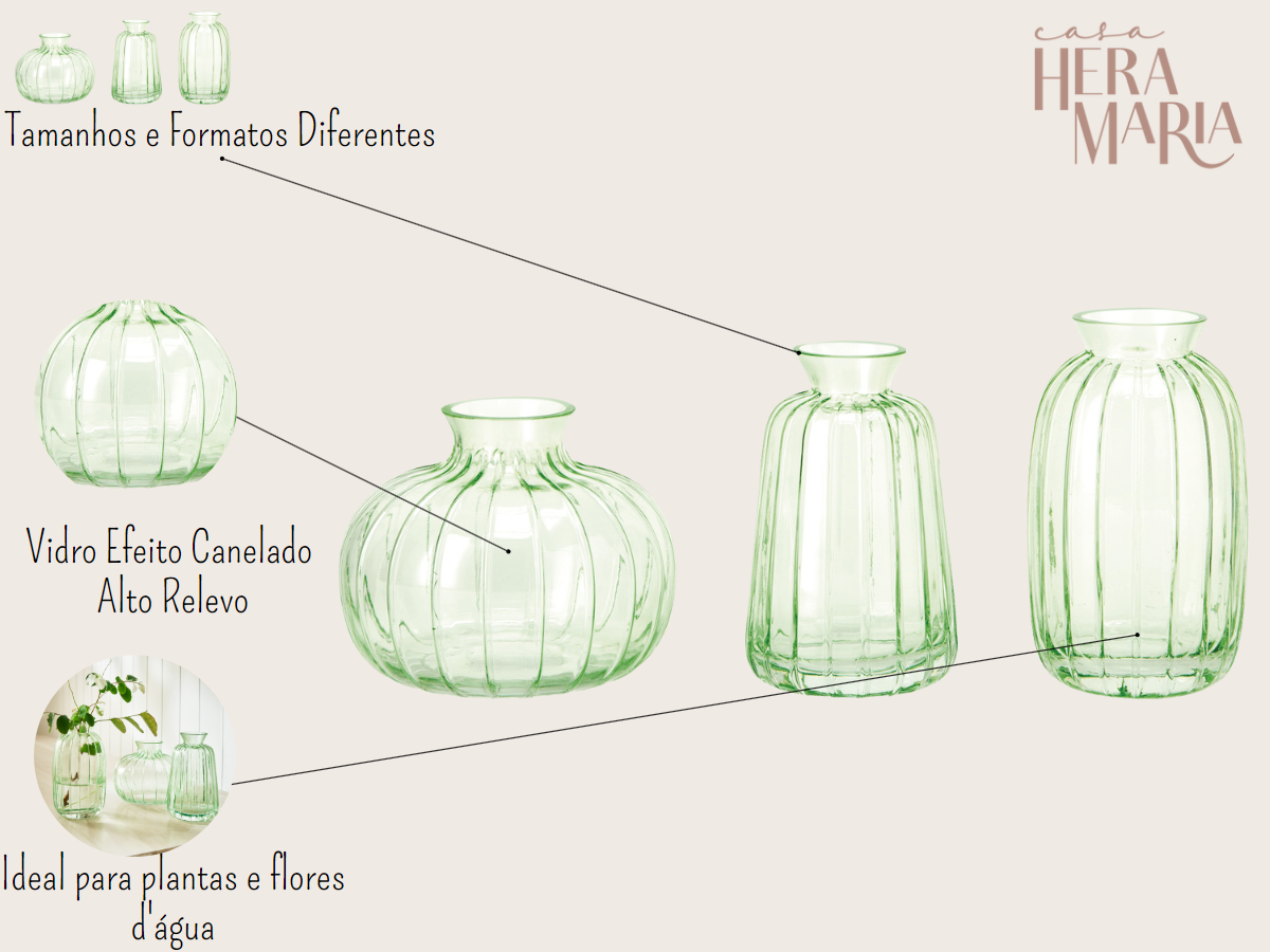 Ver imagem 3 de TRIO VASO SALA DECORATIVO EM VIDRO CANELADO REDONDO