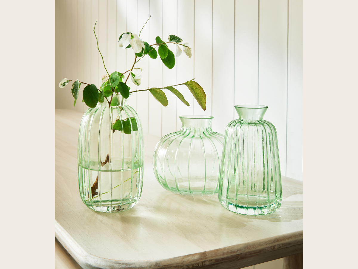 TRIO VASO SALA DECORATIVO EM VIDRO CANELADO REDONDO - 4