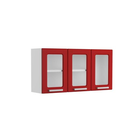 Armário Aéreo Aço 3 Portas de Vidro Múltipla Bertolini - Vermelho/Branco