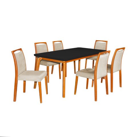 Mesa Jantar Luxo Jade 160x90cm Preto com 6 Cadeiras Estofadas Linho Bege Base Madeira Maciça Mel