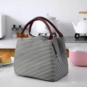 Bolsa Térmica Organizadora Listrada em Poliéster de Mão para Marmita Azul Escuro
