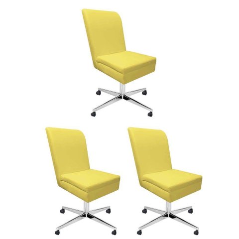 Kit 03 Cadeira Ana Giratória Metal Com Rodízio Suede Amarelo E Sintético Marrom
