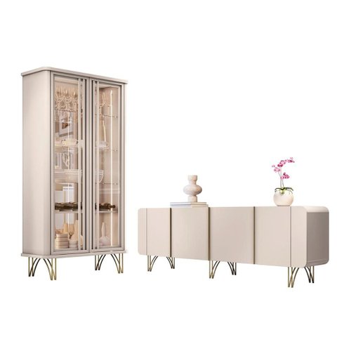 Kit de Aparador Buffet Saluti e Cristaleira Evora Pés de Aço Off White