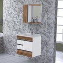 Ver imagem 1 de Conjunto Gabinete de Banheiro Suspenso 2 Gavetas e 1 Gavetão com Espelheira e Cuba Marrom/Nogal Sevilha