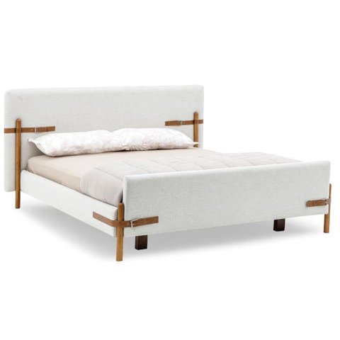 Cama de Casal Mh-6017 Herval Estofado Casal Colchão 193 Cm Madeira Maciça Off White Detalhe Marrom