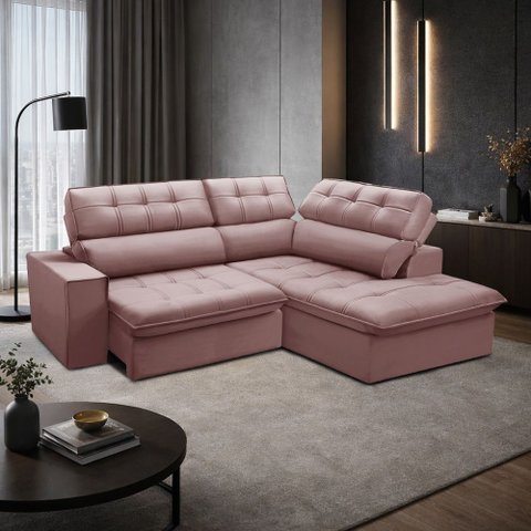 Sofá 3 Lugares Retrátil Reclinável Chaise Direito 243cm Solin F04 Veludo Rosê - Lyam Decor