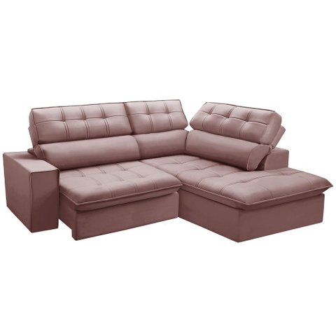 Sofá 3 Lugares Retrátil Reclinável Chaise Direito 243cm Solin F04 Veludo Rosê - Lyam Decor