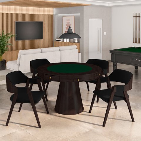 Conjunto Mesa de Jogos Carteado Bellagio Tampo Reversível e 4 Cadeiras Madeira Poker Base Cone Velud